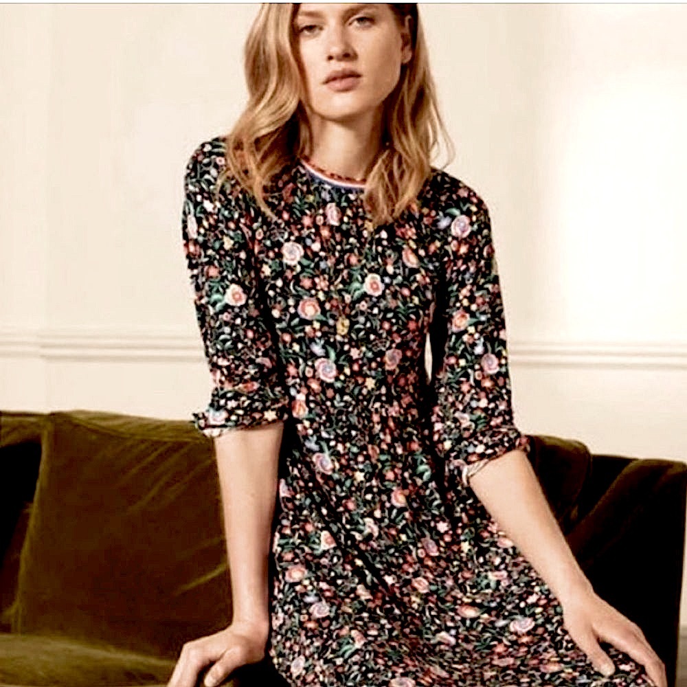 Boden Trim Detail Maxi Dress Black, Multi Floral Bloom Soft Jersey Knit Size 4 - Picture 2 of 16